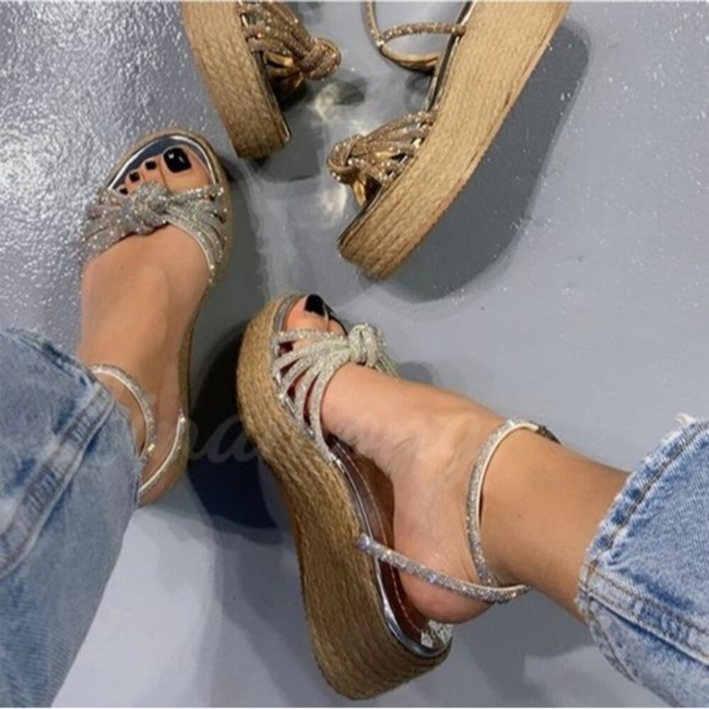 Top moda Knotted Rhinestone Wedge Sandals Bling Bling Platform Size 8,5 - Picture 3 of 9